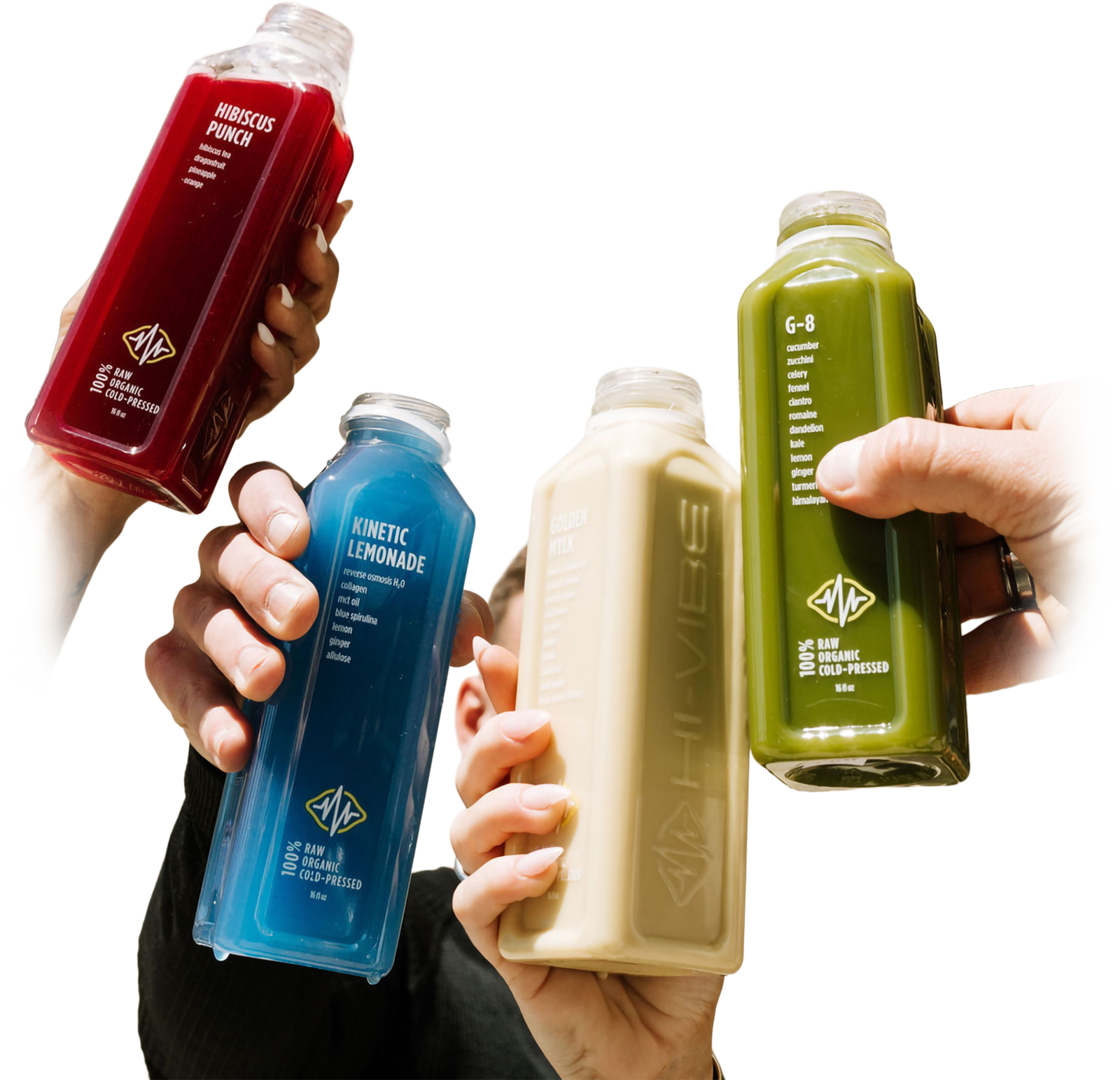 Hands raising HI-VIBE juices in a toast
